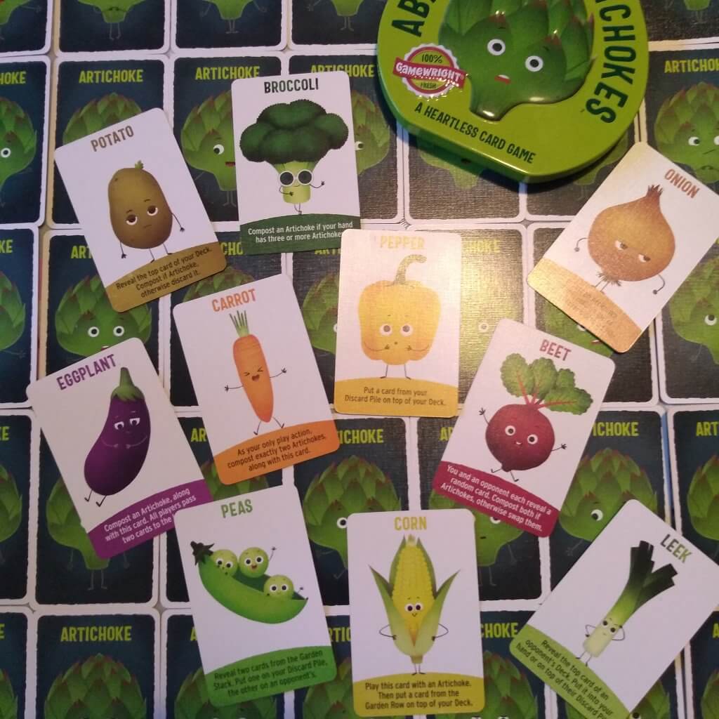 Abandon All Artichokes. Cards with cute pictures of cartoon vegetables with faces on. 