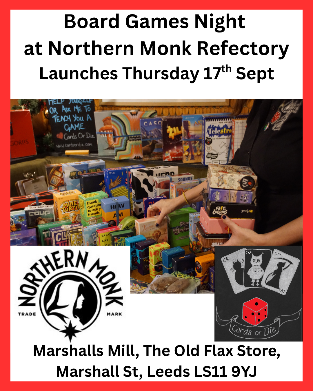 Board Games Night at Northern Monk Refectory Launches Thursday 17th Sept Marshalls Mill, The Old Flax Store, Marshall St, Leeds LS11 9YJ